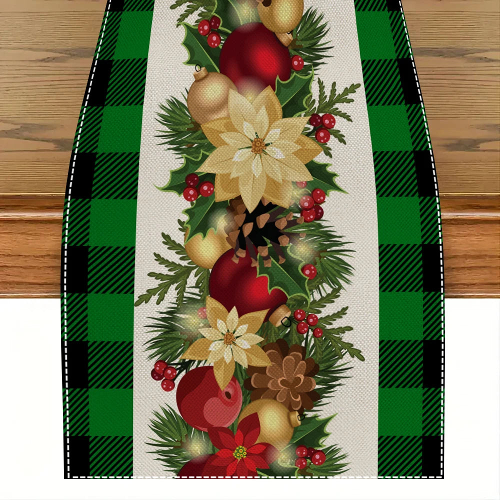 Chemin de Table Motifs Couronne de Noël Verte, Doré et Rouge