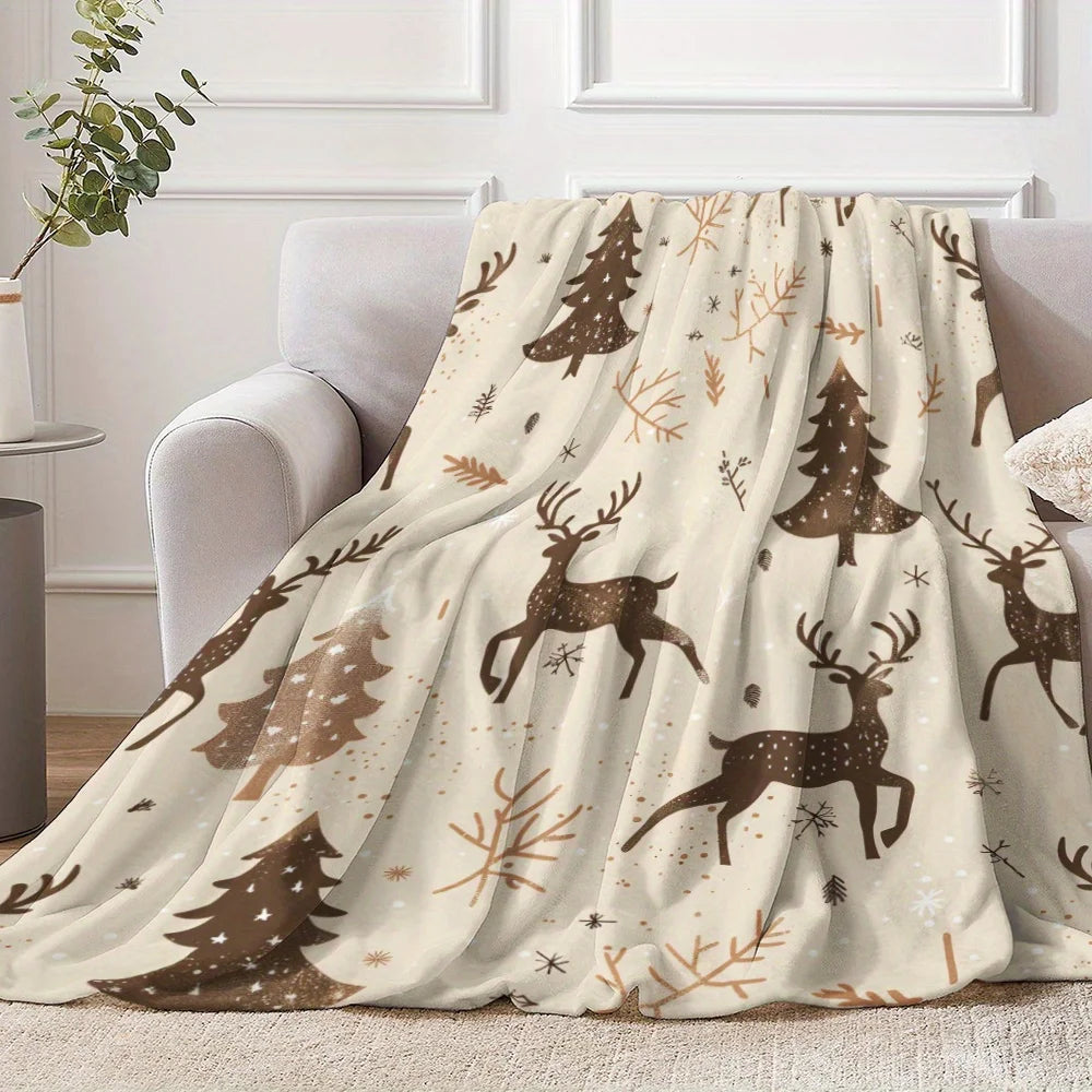 Couverture de Noël en flanelle d'élan et d'arbres