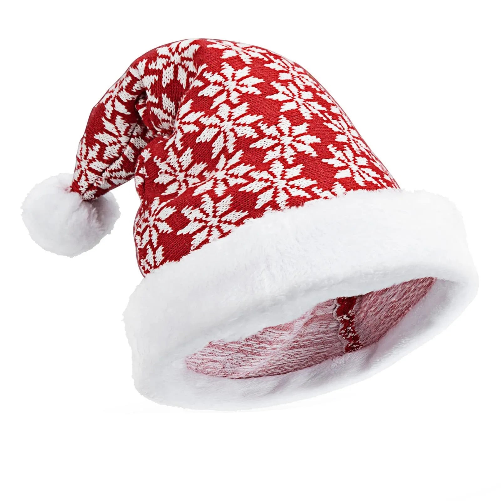 Bonnet de Noël Fines Mailles Rouge et Flocons Blancs