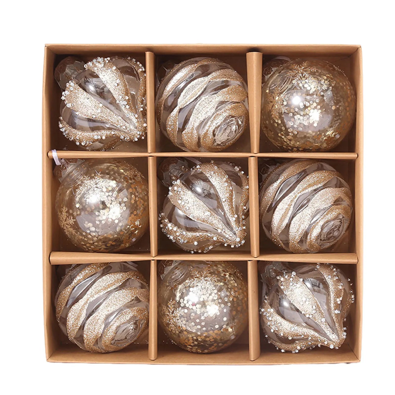 Collection de 9 Boules Argent et Translucides Assorties, 3 Motifs