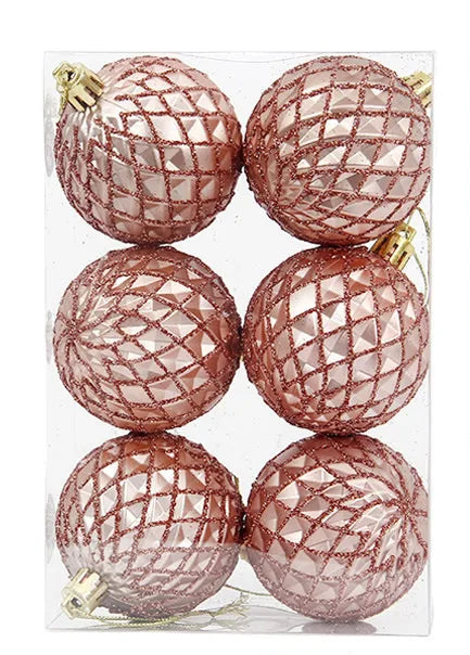 Boules de Noël Rose Doré Motif Grille Pailleté