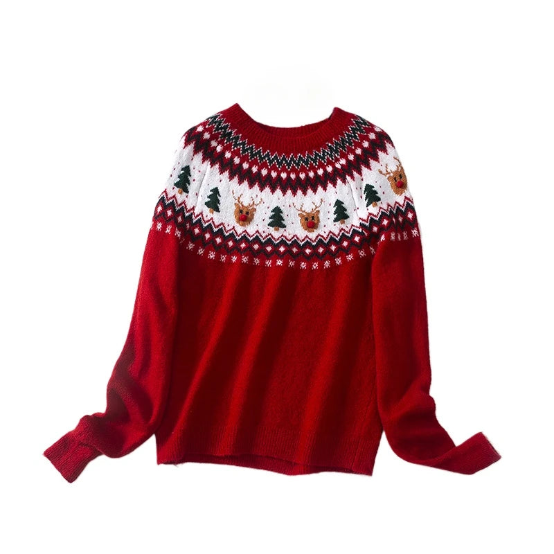 Pull de Noël Rouge pour Femme avec Frise Renne et Sapin