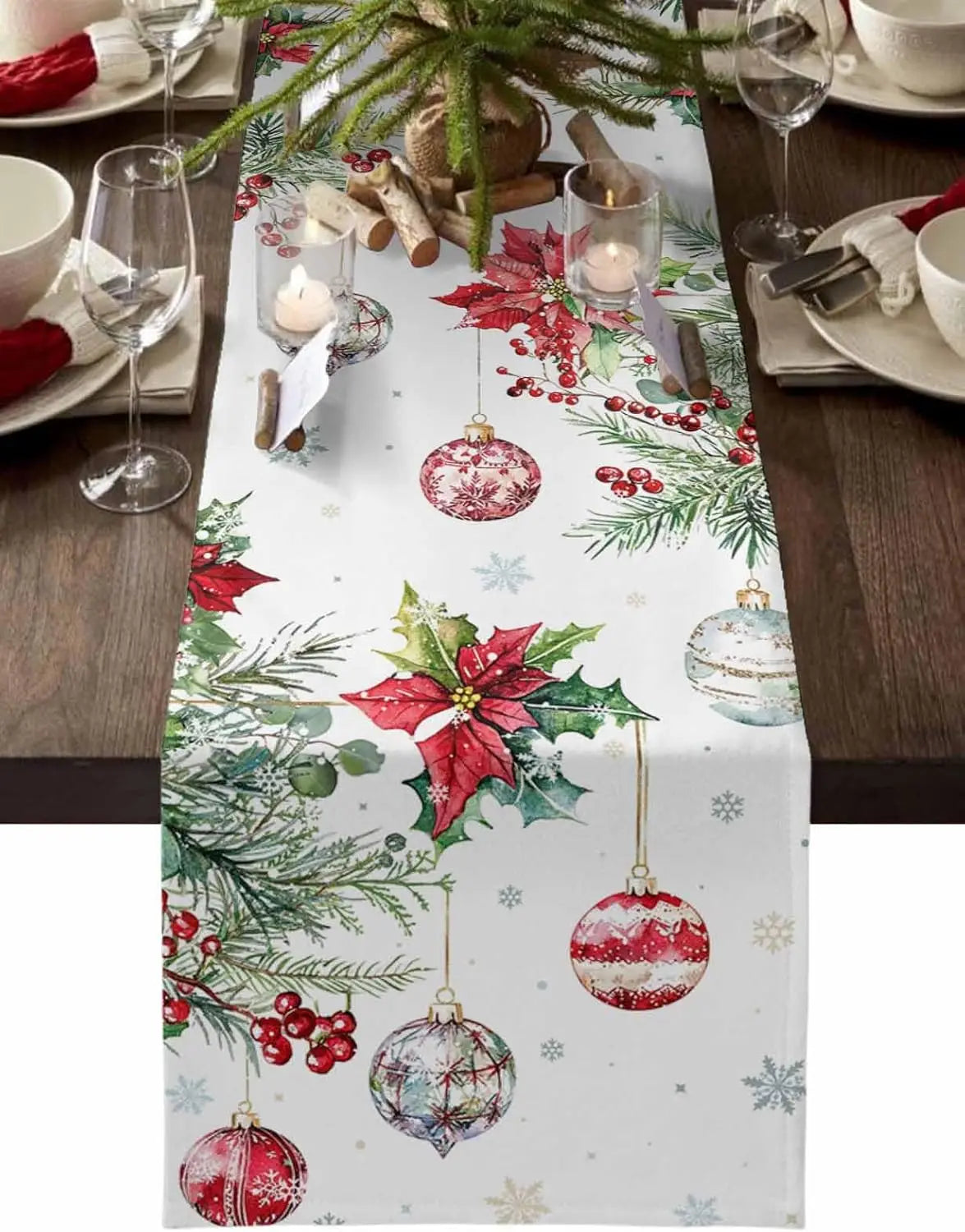 Chemin de Table Blanc Boules de Noel