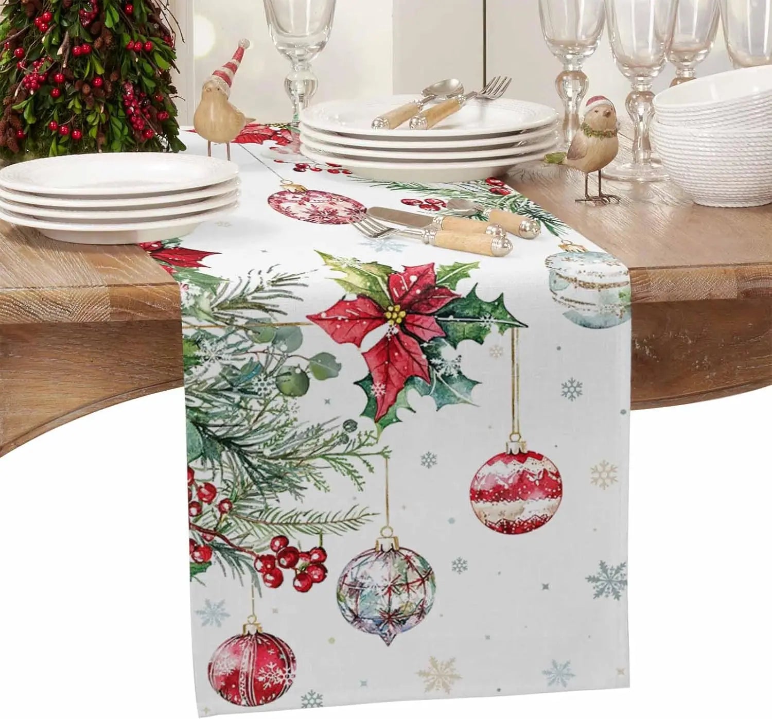 Chemin de Table Blanc Boules de Noel