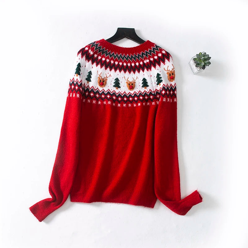 Pull de Noël Rouge pour Femme avec Frise Renne et Sapin