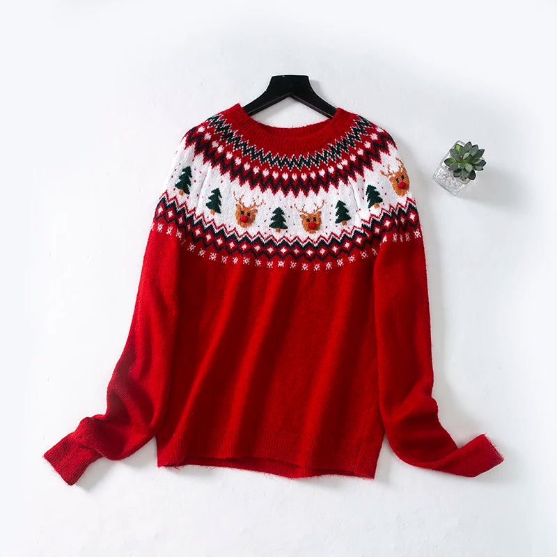 Pull de Noël Rouge pour Femme avec Frise Renne et Sapin