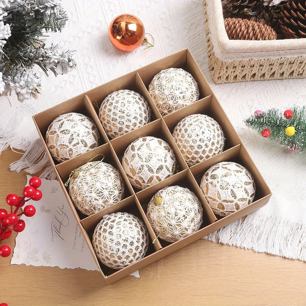 Boules de Noël Blanches, Dorées et Texturées, Boite de 9