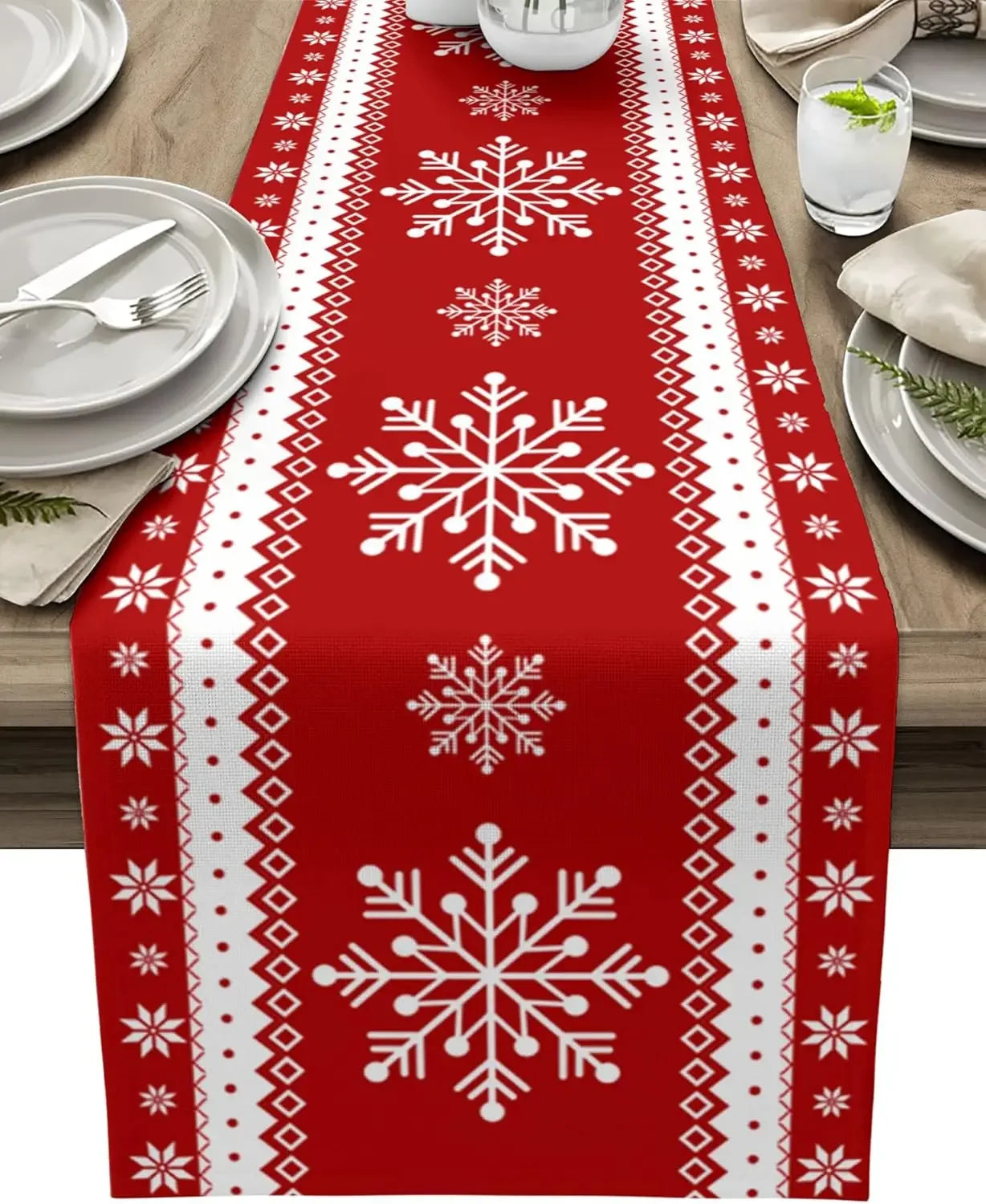 Chemin de Table de Noël Flocon de Neige Rouge et Blanc