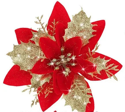 Lots de 5 Fleurs de Noël Artificielles Rouge et Doré