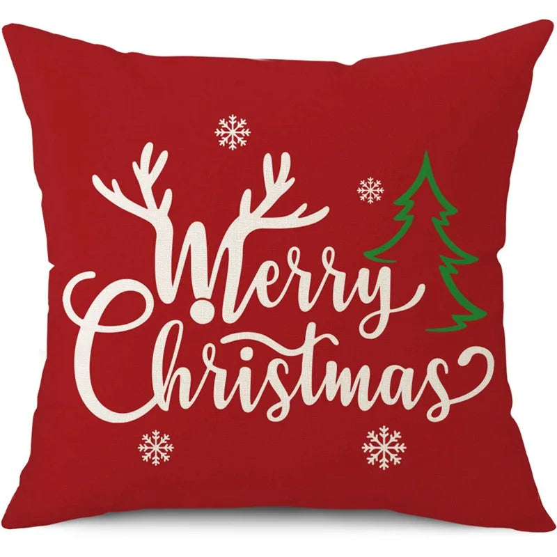 Housse de Coussin de Noël "Merry Christmas" Renne et Sapin
