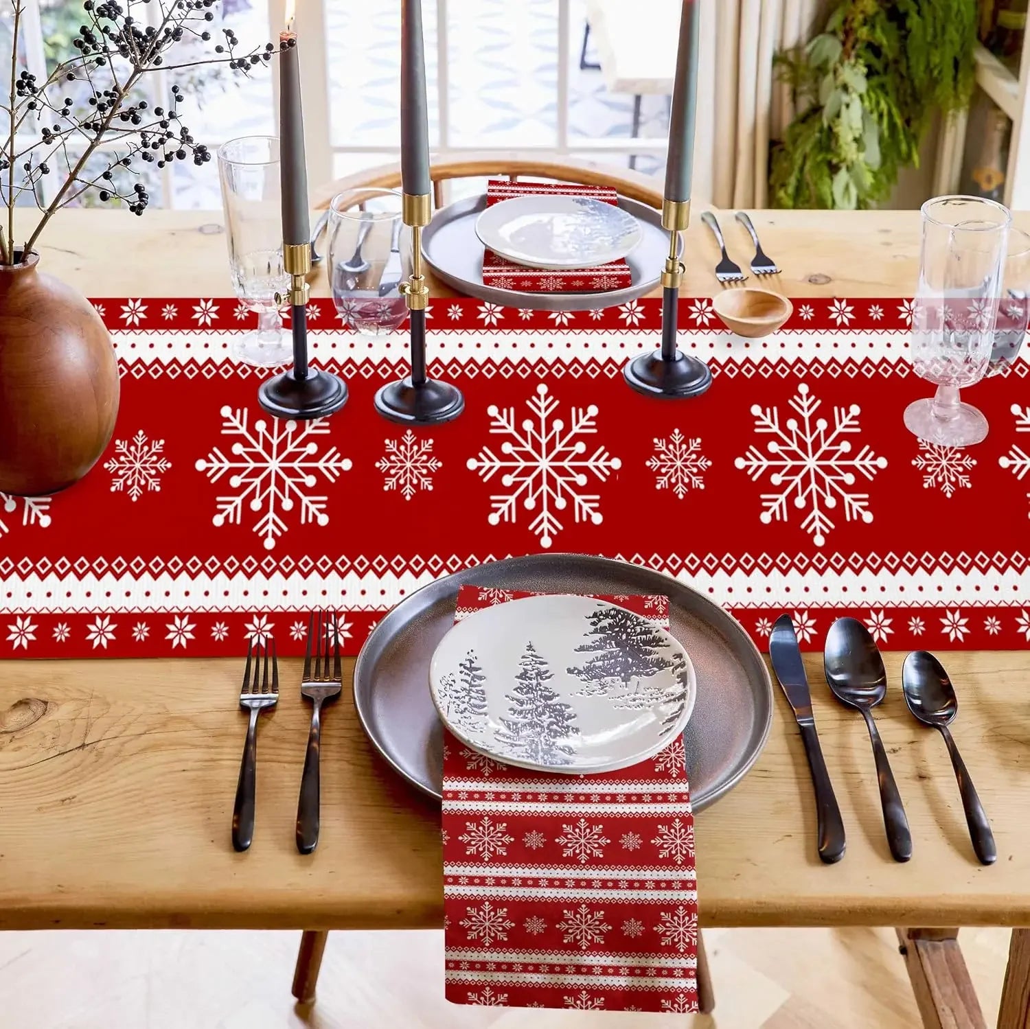 Chemin de Table de Noël Flocon de Neige Rouge et Blanc