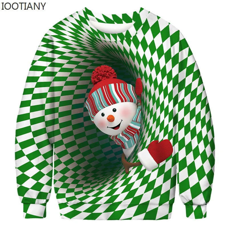 Pull de Noël avec Bonhomme de Neige et Fond illusion d'Optique