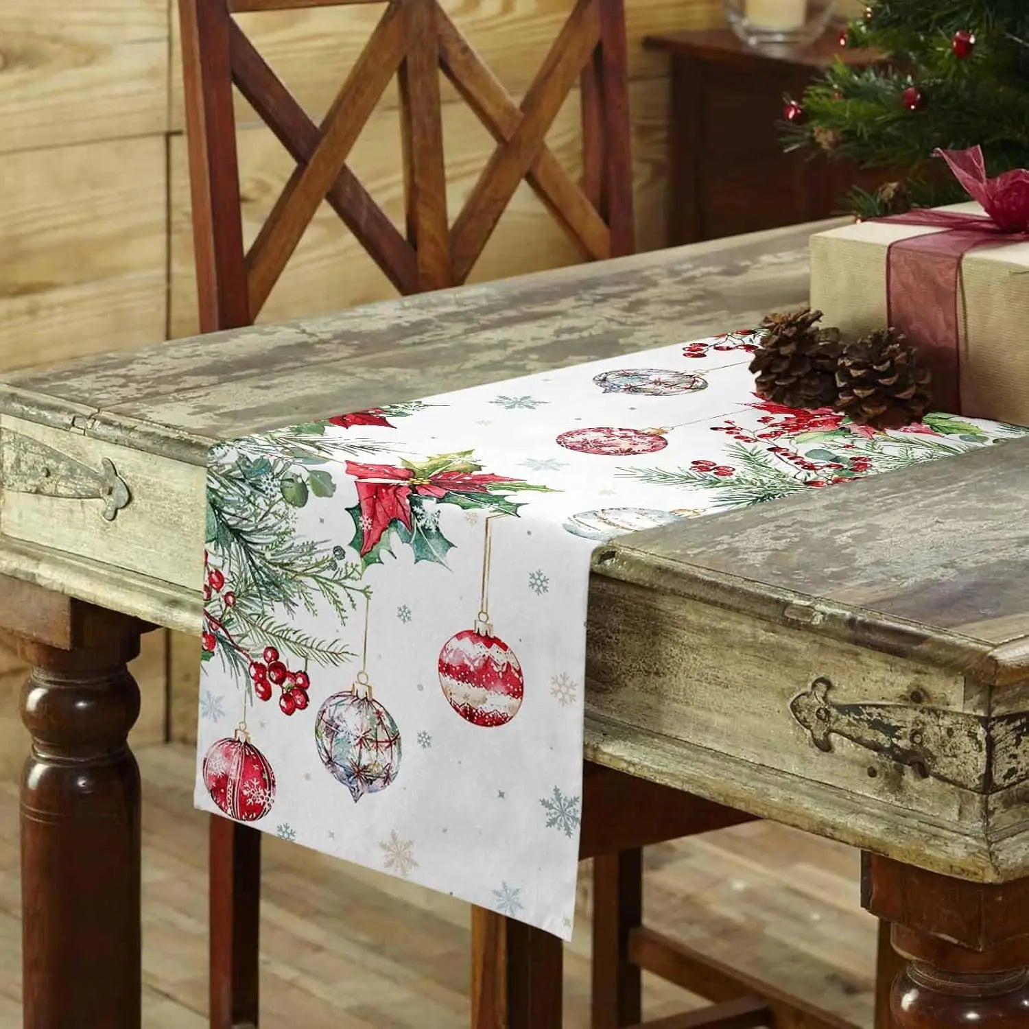 Chemin de Table Blanc Boules de Noel