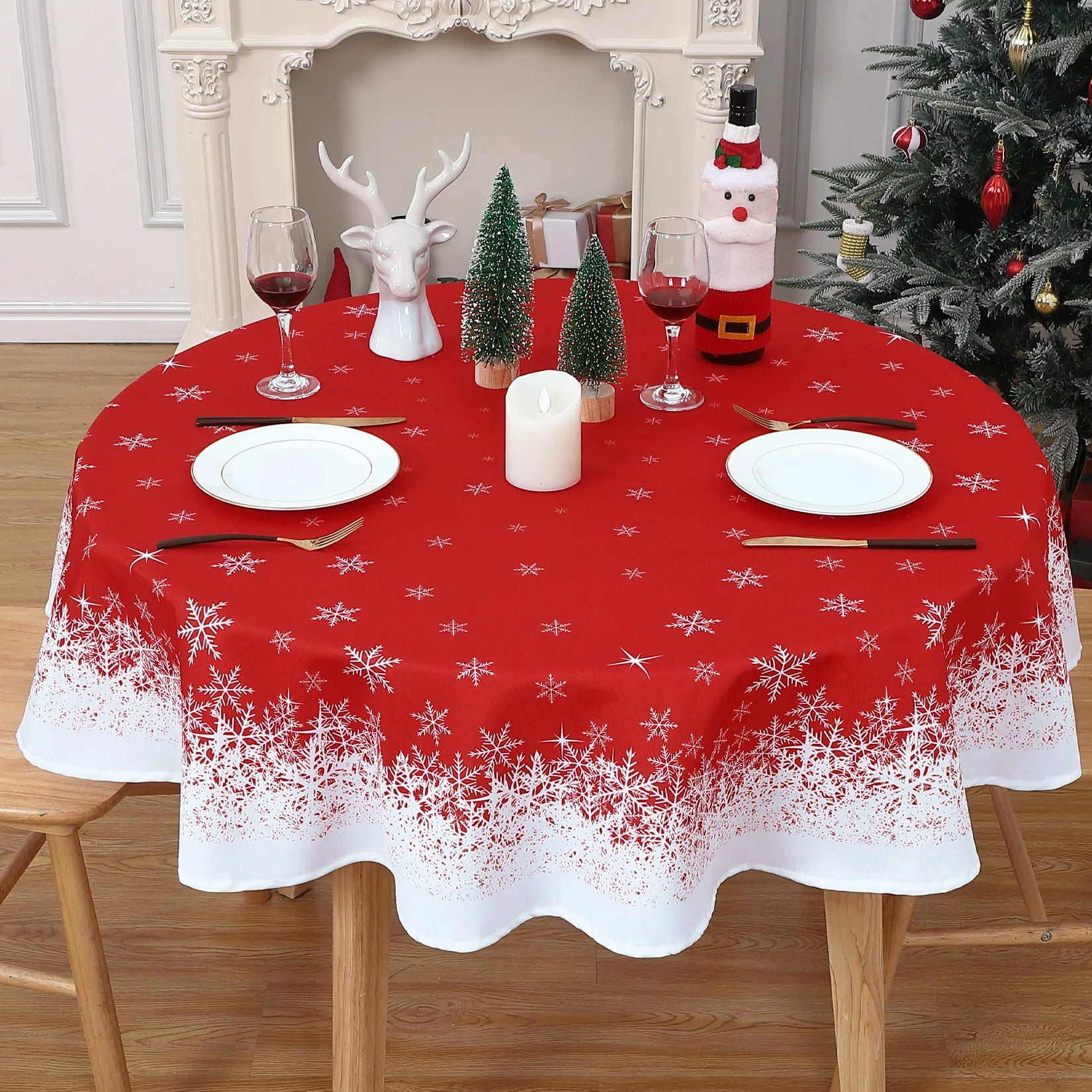 Nappe de Noël Ronde Rouge Flocon de Neige