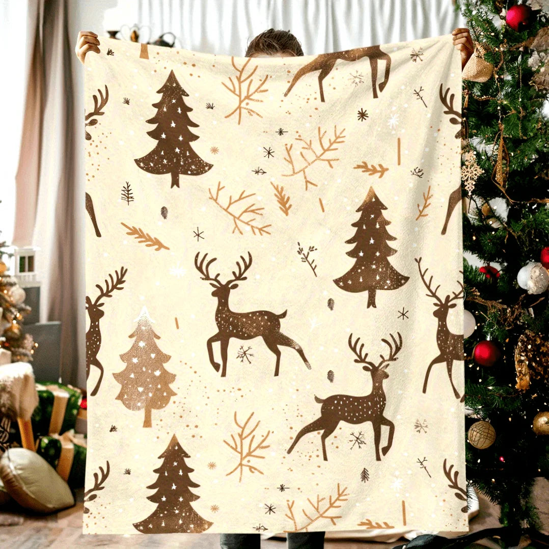 Couverture de Noël en flanelle d'élan et d'arbres