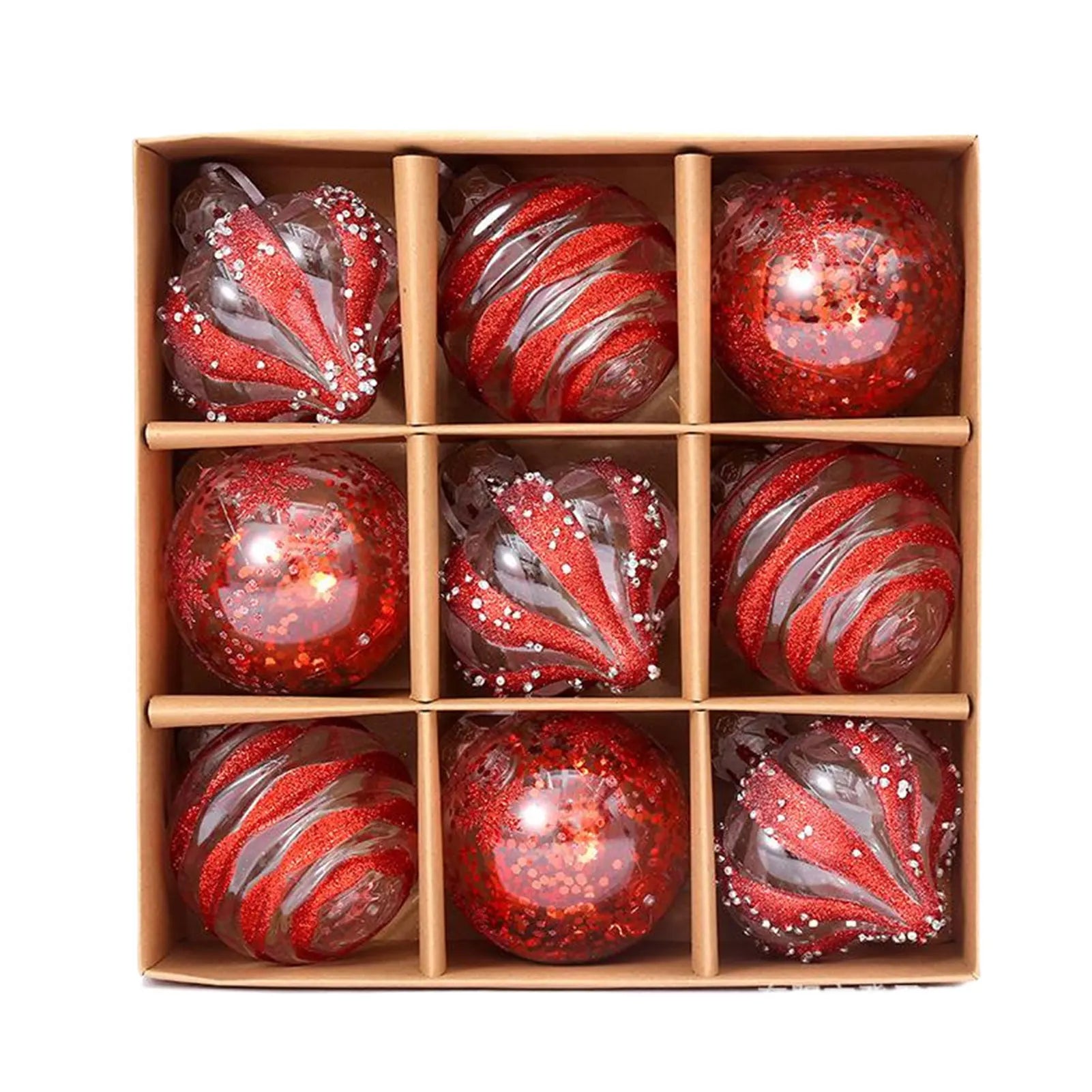 Collection de 9 Boules Rouges et Translucides Assorties, 3 Motifs