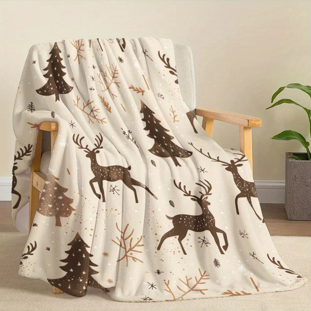 Couverture de Noël en flanelle d'élan et d'arbres