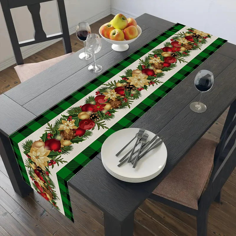 Chemin de Table Motifs Couronne de Noël Verte, Doré et Rouge