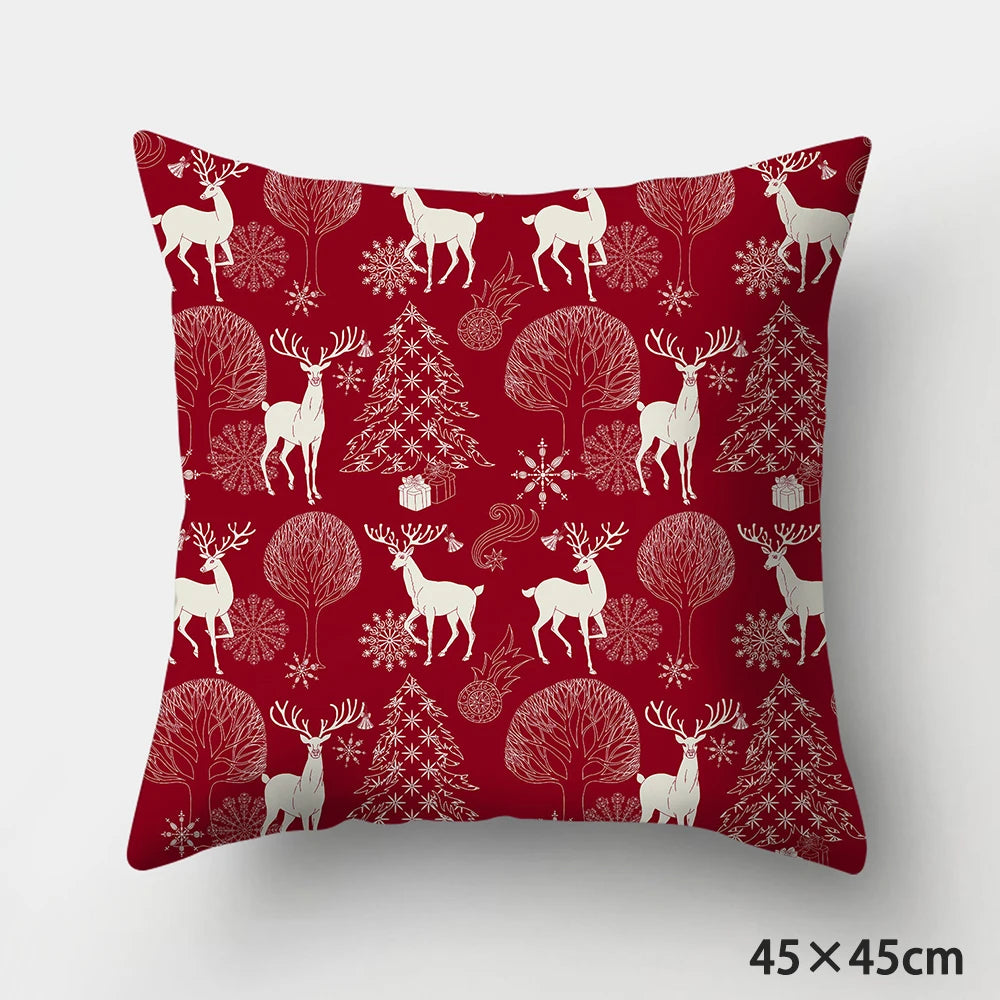 Housse de Coussin de Noël Rouge Motif Renne et Sapins