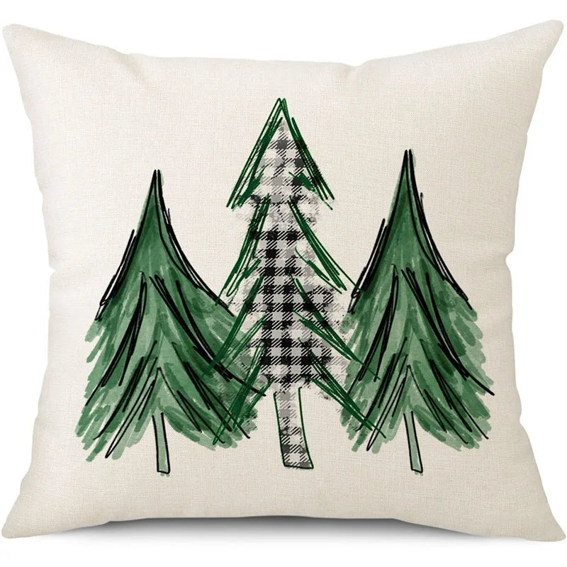 Housse de Coussin de Noël Motif Sapins Vert