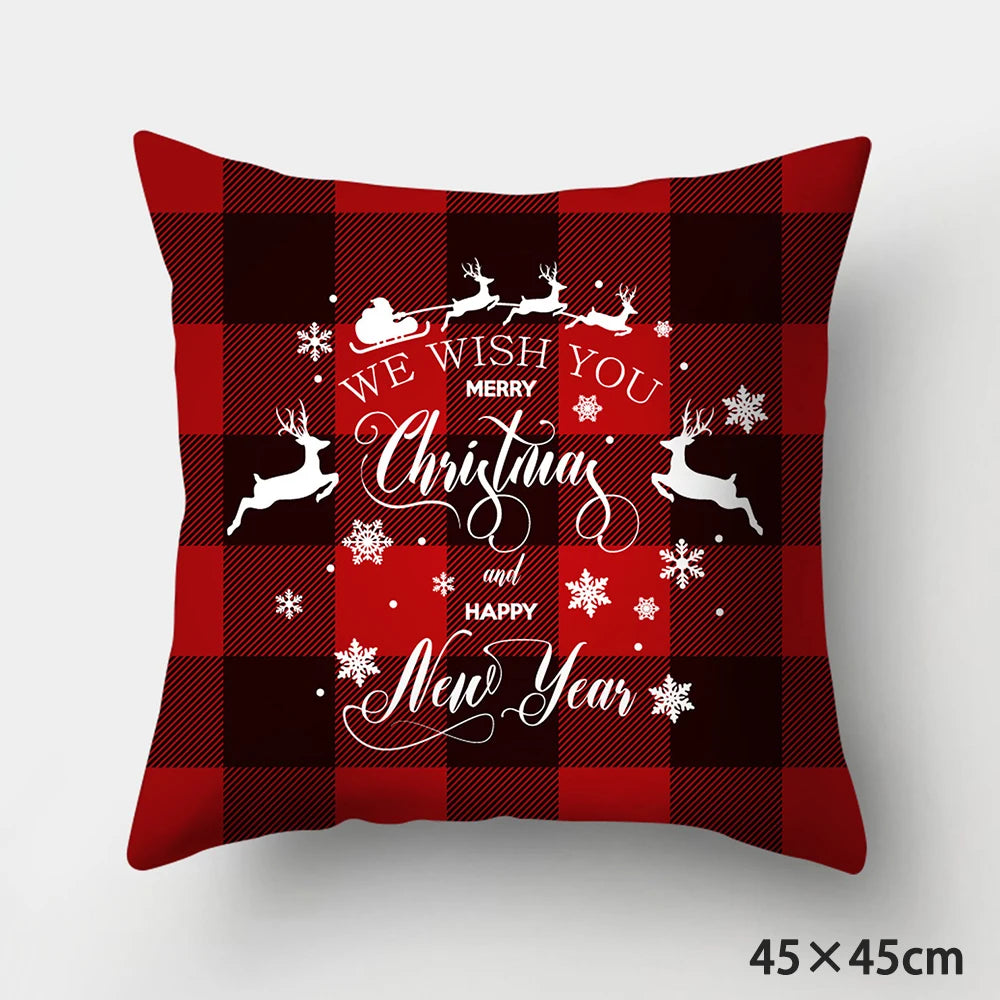 Housse de Coussin de Noël à Carreaux Traîneau et Renne