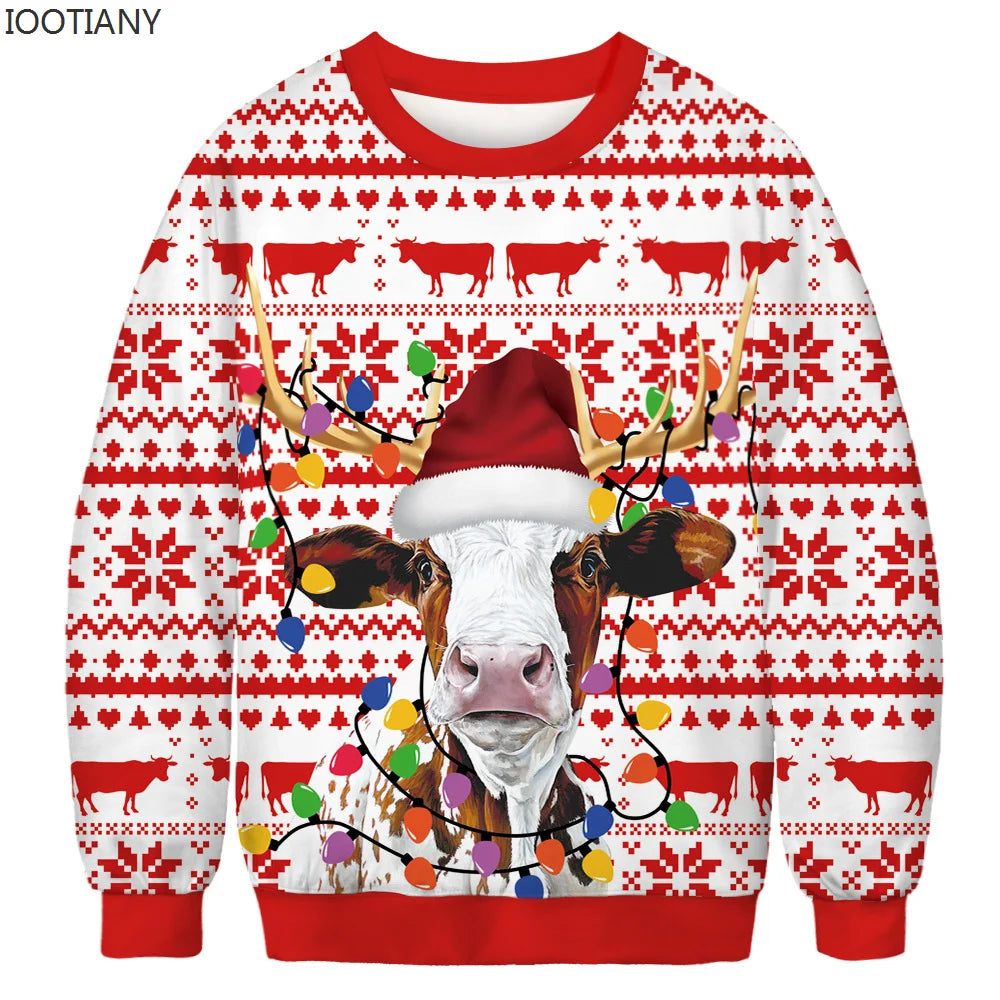 Pull de Noël Motif Vache avec Chapeau de Père Noël