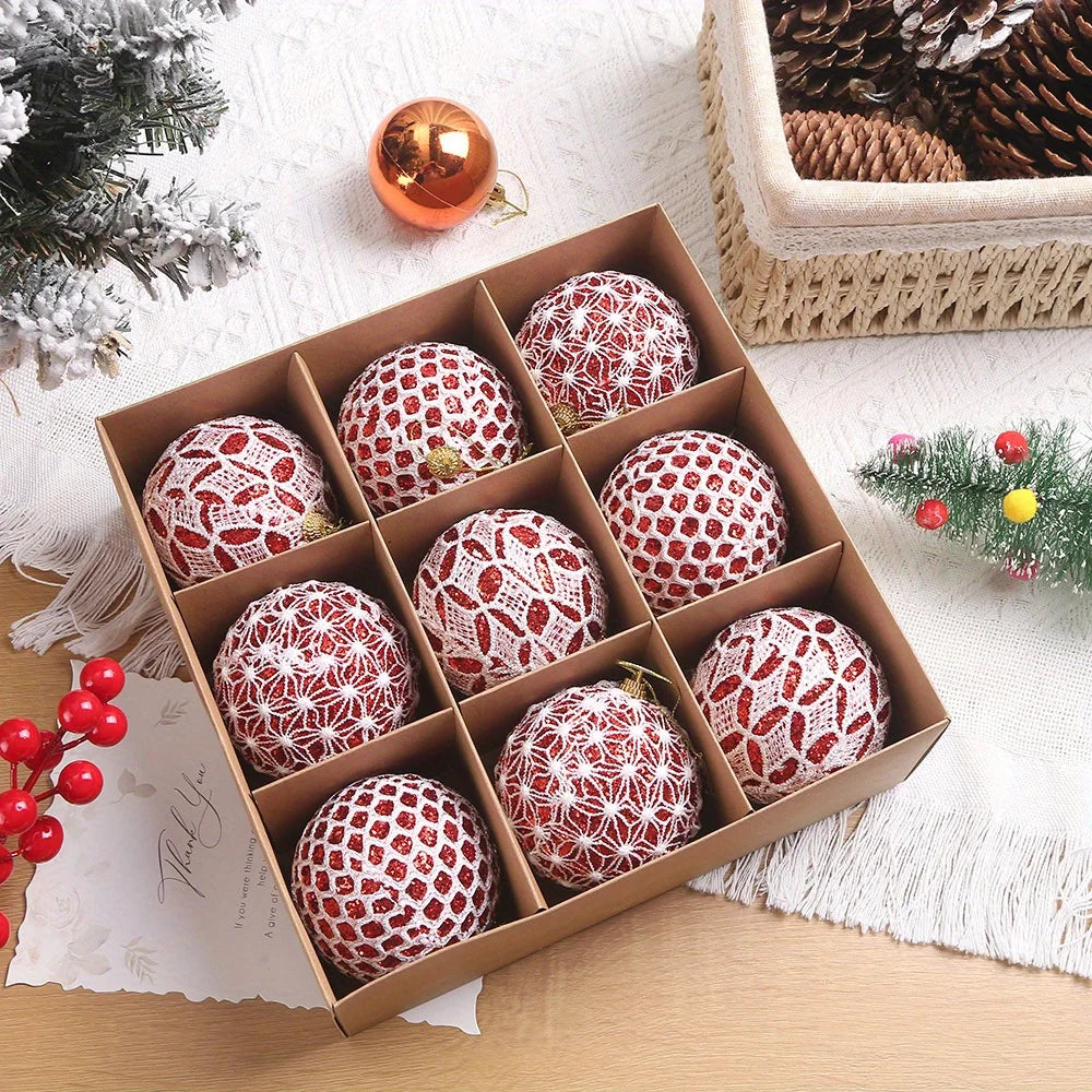 Boules de Noël Rouges et Blanches et Texturées, Boite de 9