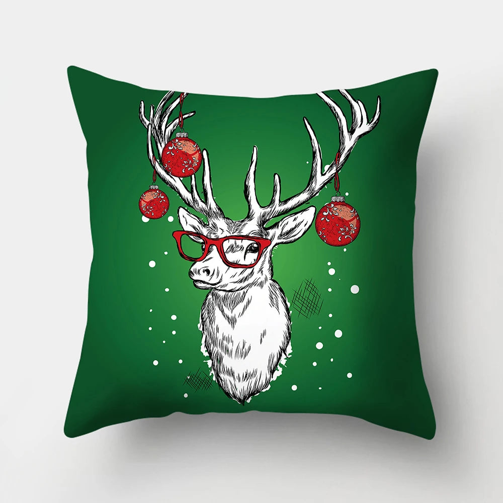 Housse de Coussin Vert Motif Renne avec Lunettes