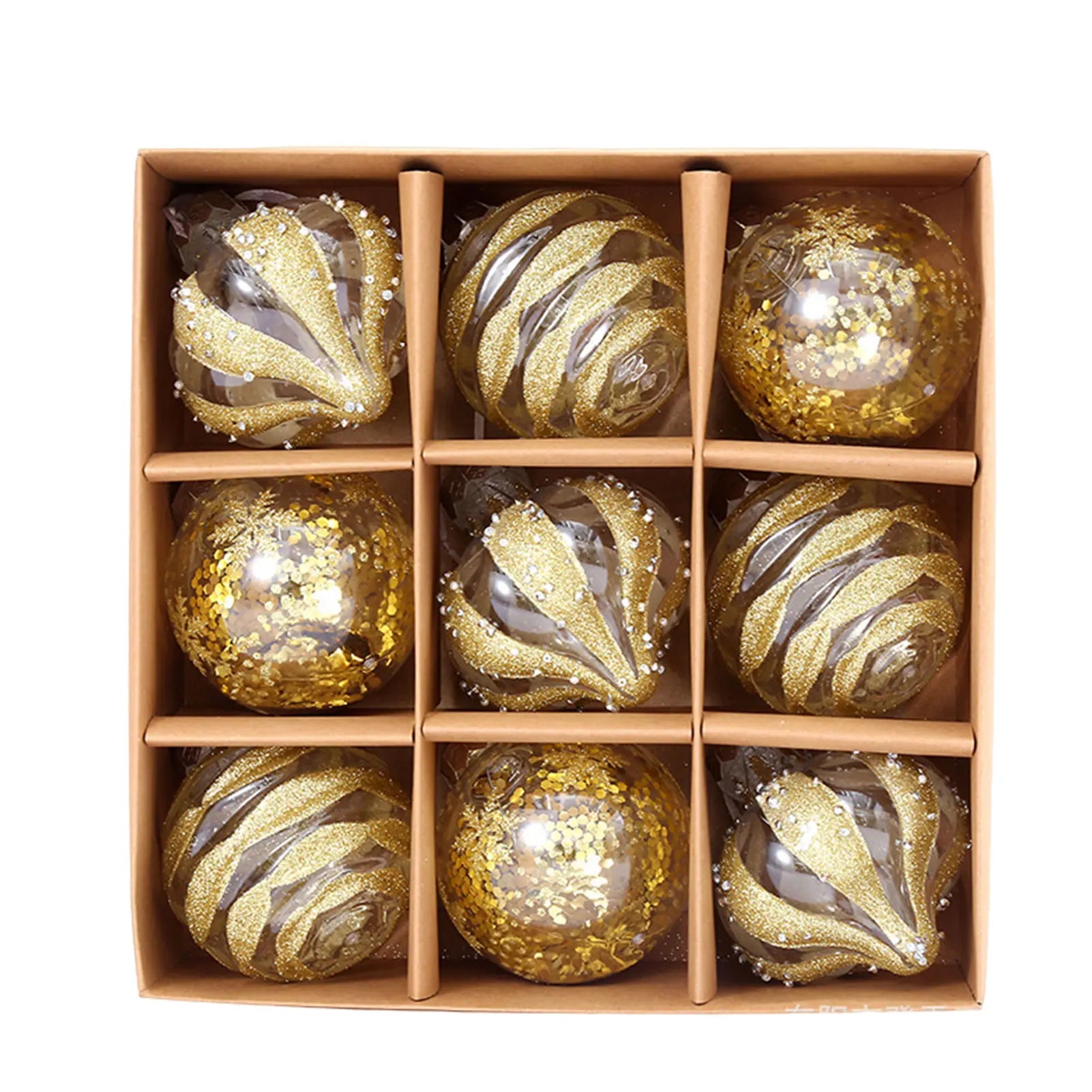 Collection de 9 Boules Dorée et Translucides Assorties, 3 Motifs