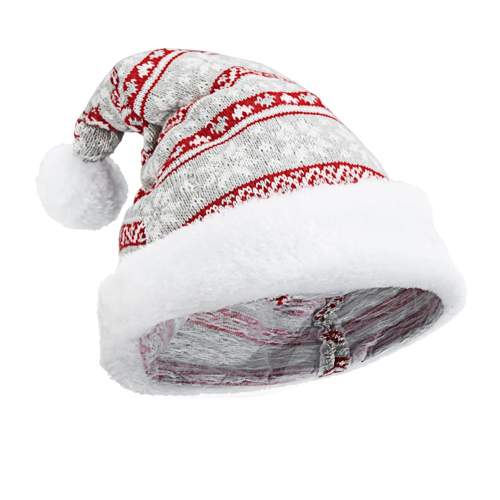 Bonnet de Noël Gris et Rouge Flocons Mailles Fines