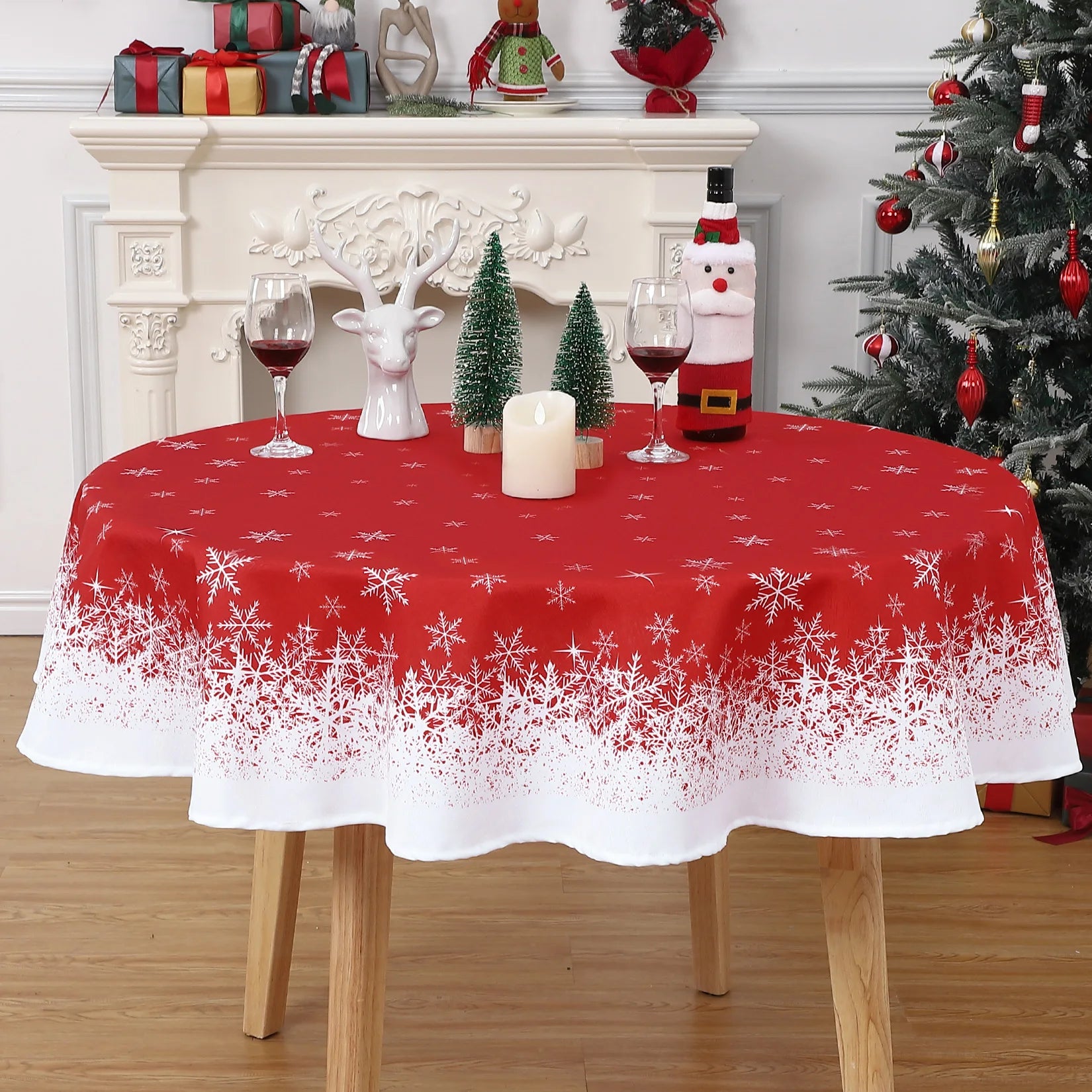 Nappe de Noël Ronde Rouge Flocon de Neige