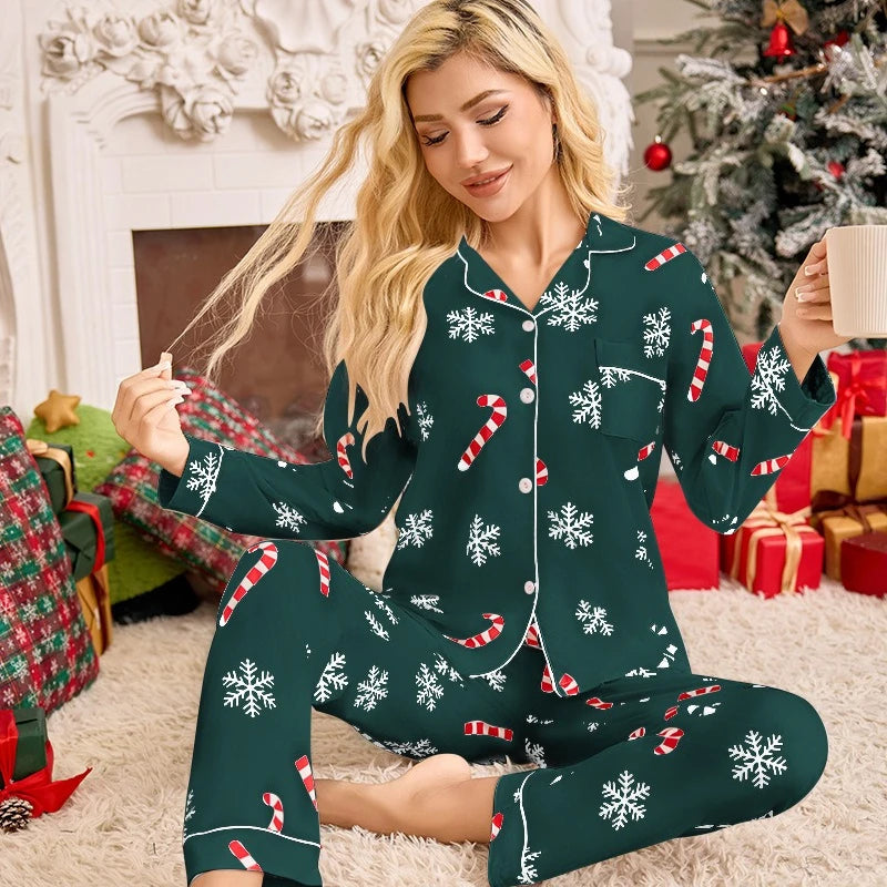Pyjama pour Femme Vert, Flocons et Sucre d'Orge