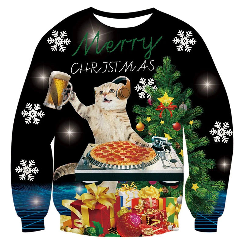 Pull de Noël "meme" Chat DJ Bière Pizza