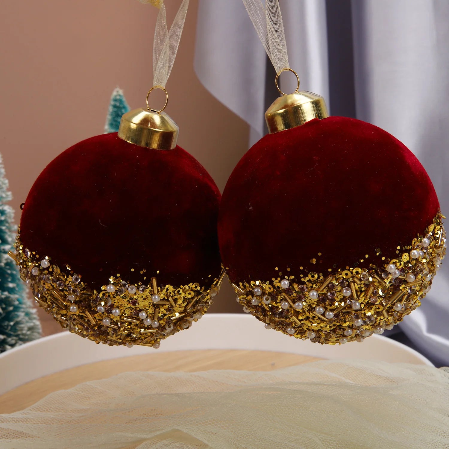 Boules de Noël Rouges en Velours