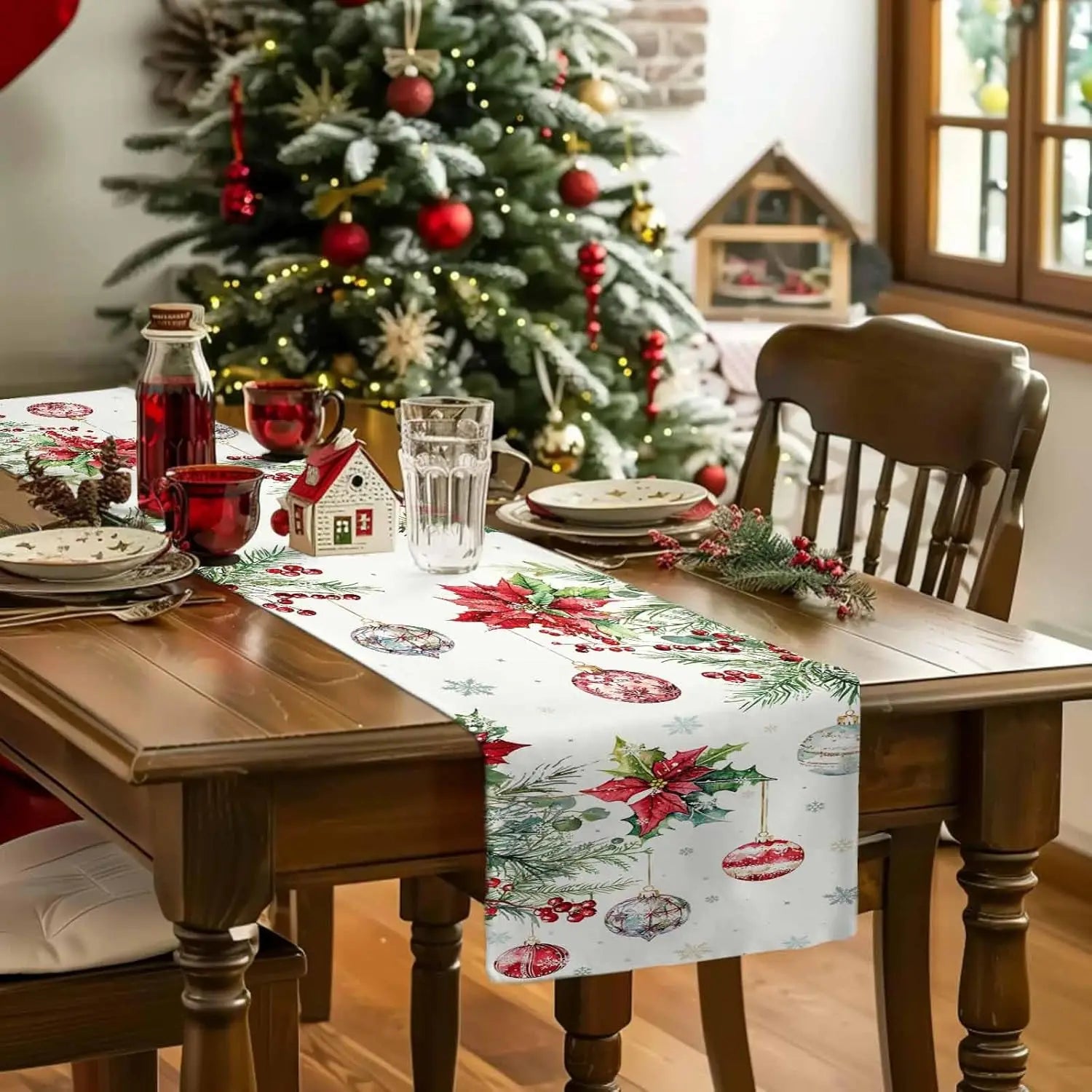 Chemin de Table Blanc Boules de Noel