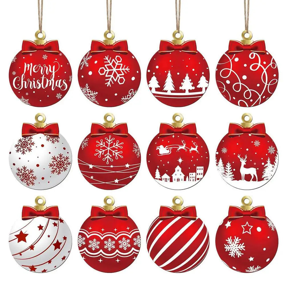 Pendentif Sapin Plat en Bois 12 Motif Rouge et Blanches