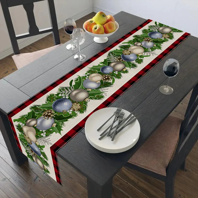 Chemin de Table Motifs Boules de Noël Argent en Lin