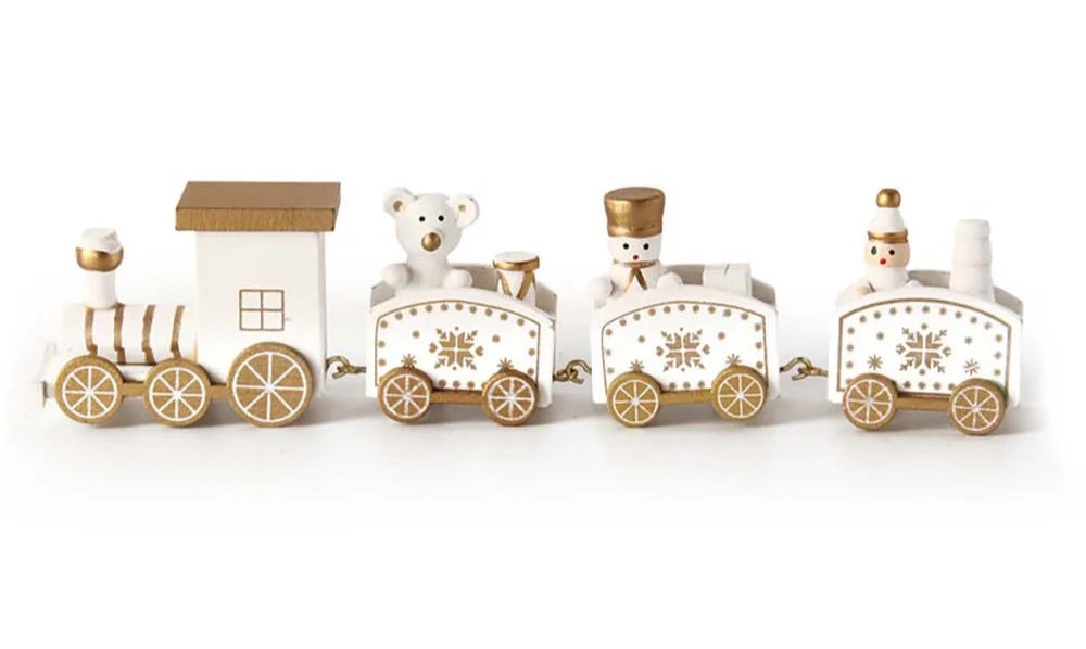 Petit Train de Noël en Bois Couleur Blanc et Doré