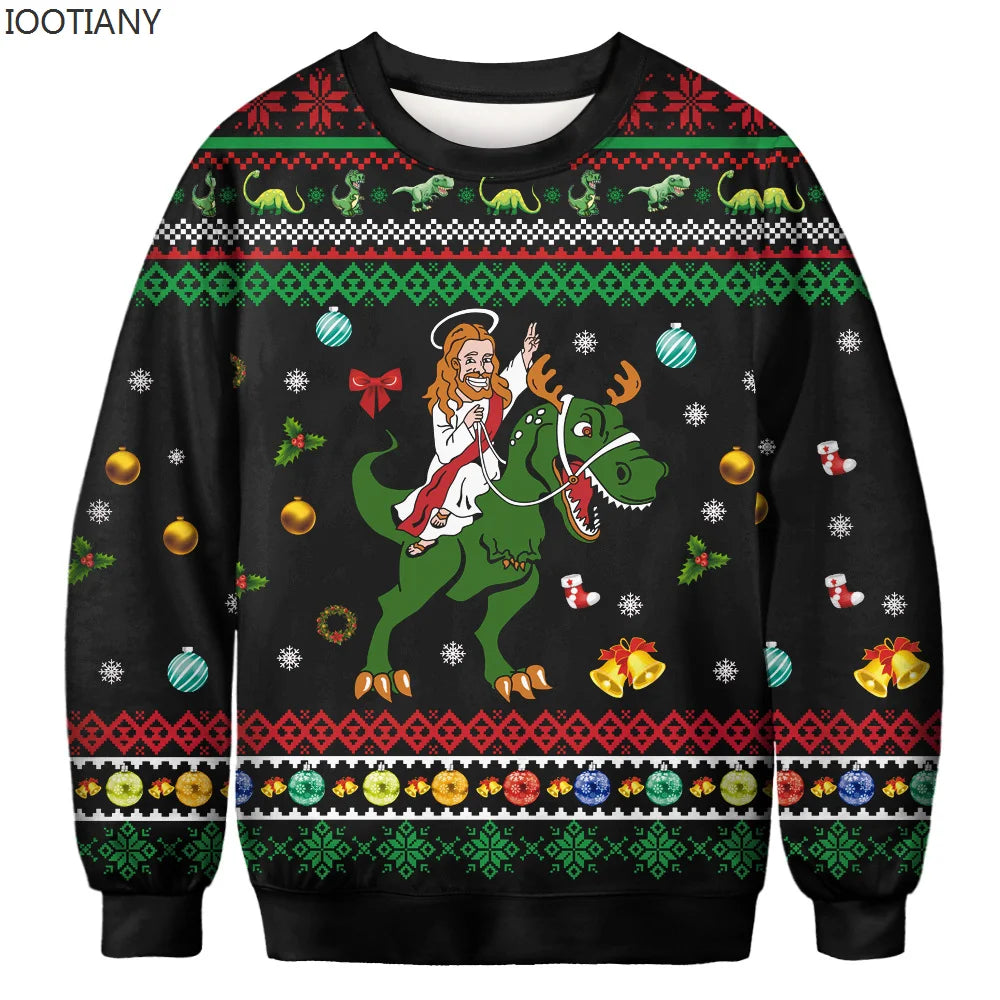 Pull de Noël Jesus Chevauchant un Dinosaure