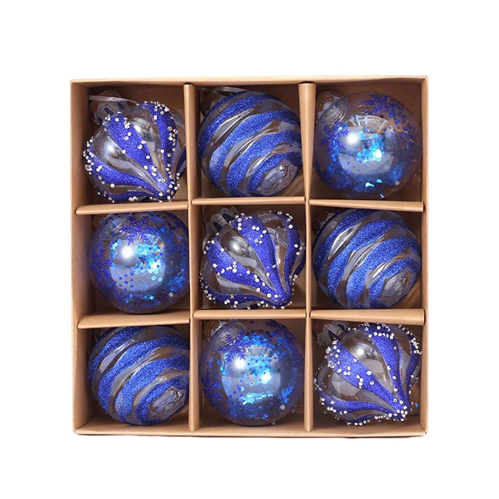 Collection de 9 Boules Bleu et Translucides Assorties, 3 Motifs