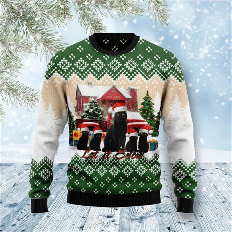 Pull de Noël Chats Noir avec Chapeau de Père Noël