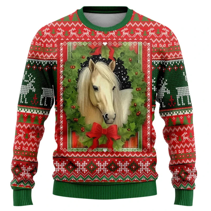 Pull de Noël Cheval Dans Couronne de Noël