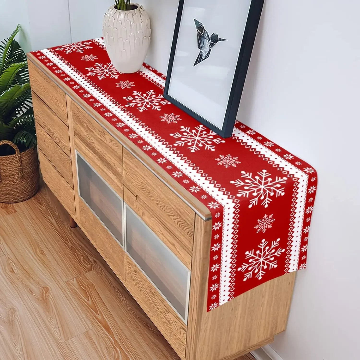 Chemin de Table de Noël Flocon de Neige Rouge et Blanc