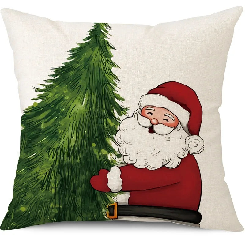 Housse de Coussin de Noël Motif Père Noël et Sapin