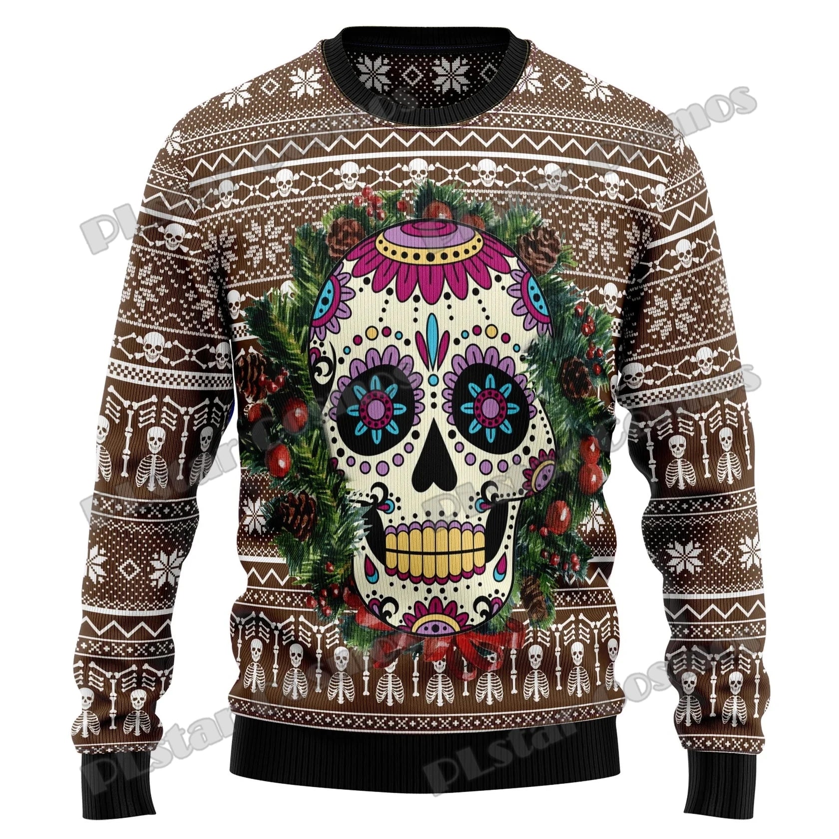 Pull de Noël Crâne et Squelettes Marron