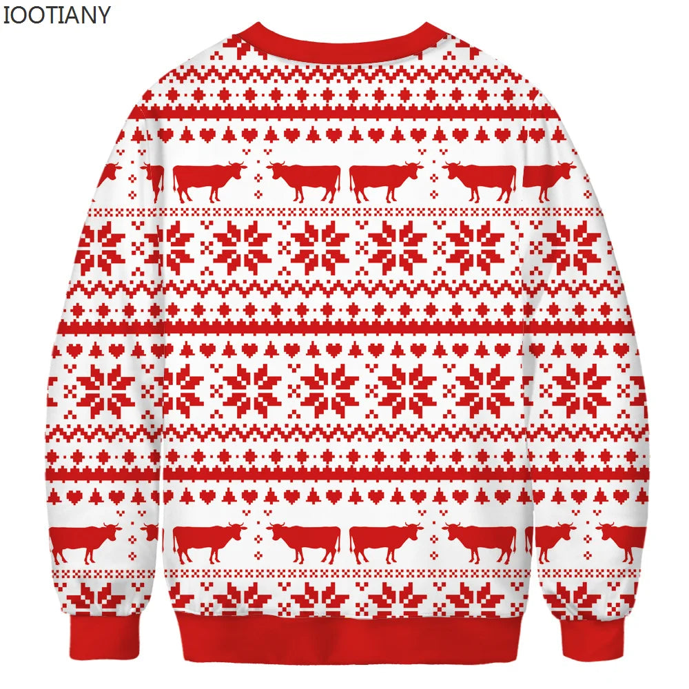 Pull de Noël Motif Vache avec Chapeau de Père Noël
